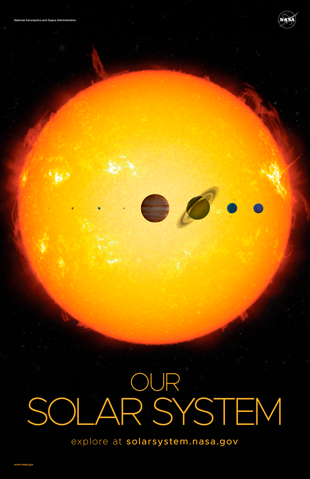 Artist's concept of eight planets in front of the Sun.