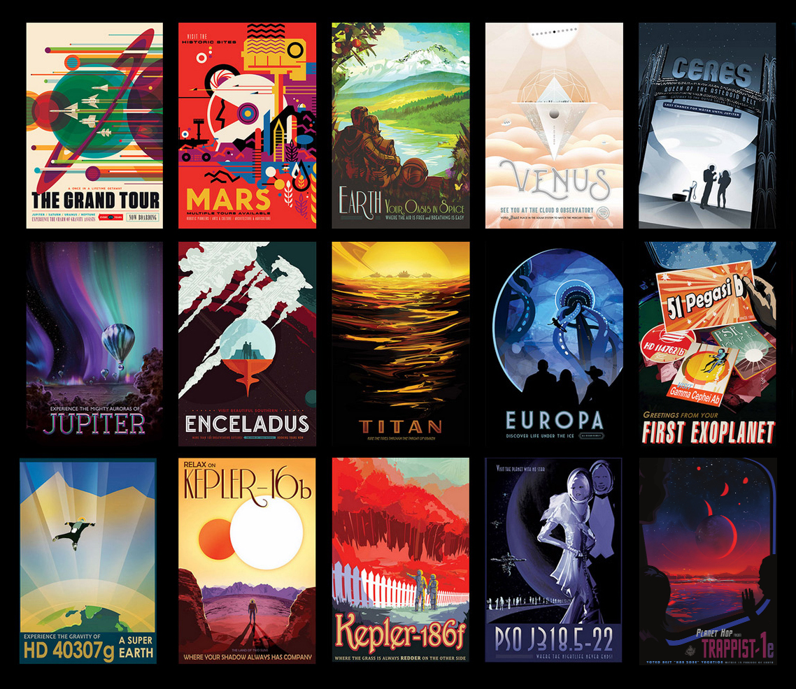 Whimsical, futuristic space travel posters.