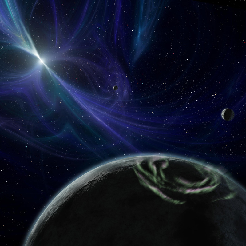 Illustration of a darkened world lit by the light of a distant star.