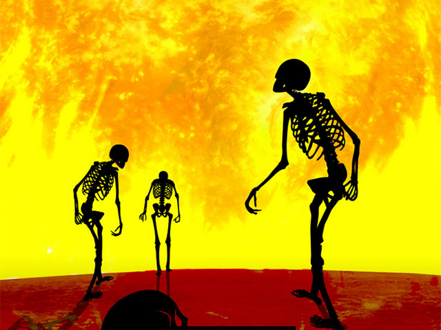 A trio of skeletons march toward a flaming horizon.
