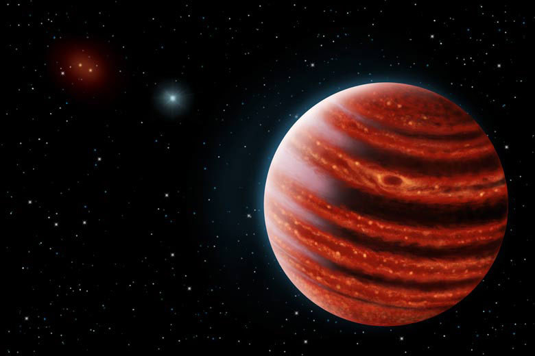 Artist's concept of the Jupiter-like exoplanet, 51 Eridani b, with hot layers deep in its atmosphere glowing through the clouds. Because of its young age, this cousin of our own Jupiter is still hot and carries information on the way it was formed 20 million years ago. Image credit: Danielle Futselaar and Franck Marchis