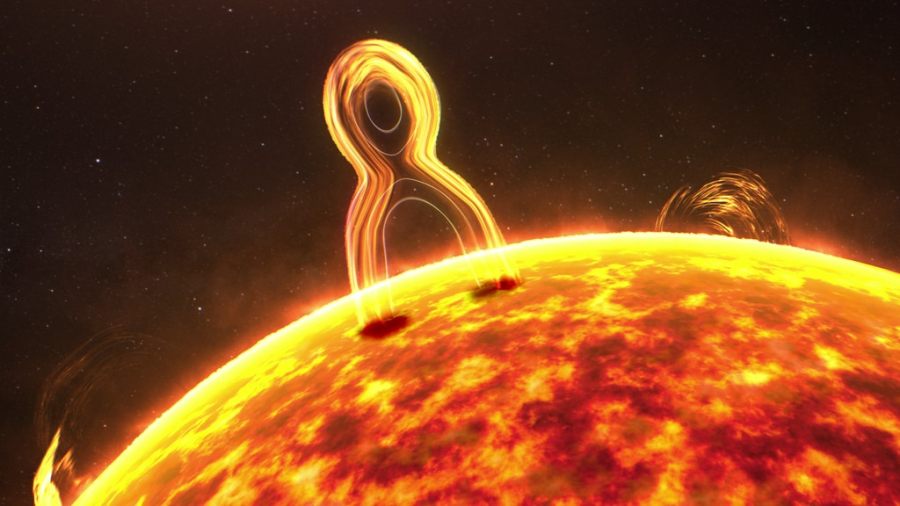 A visualization of the Sun with an loop above it