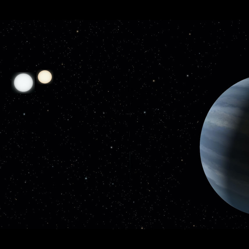 Illustarion of Bluish planet orbiting two stars.