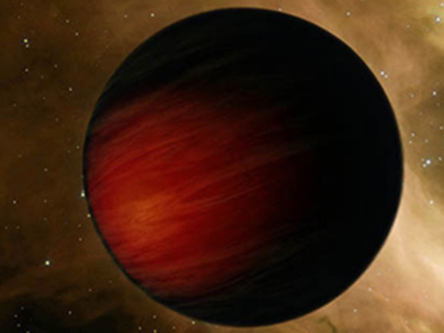 Illustration shows a darkened planet with dim reddish hues in the atmosphere.