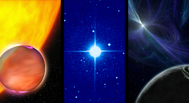 From left: Artist's concept of a "Hot Jupiter;" a photo of 51 Pegasi, host star to the first-even known exoplanet; and an artist's concept of a pulsar planet.