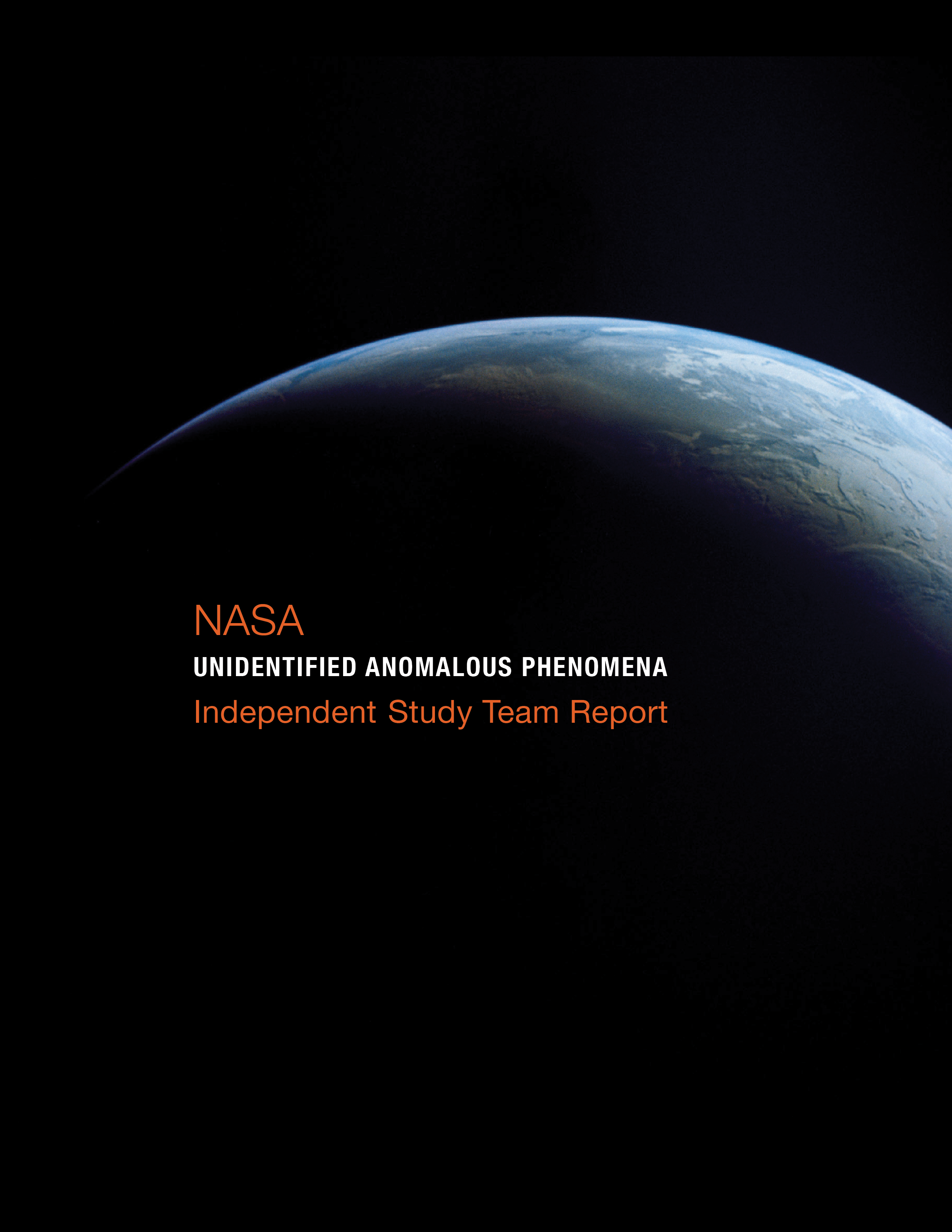 The northern hemisphere of the earth is highlighted with the rest fading to a black background. Title text reads "NASA Unidentified Anomalous Phenomena Independent Study Team Report"