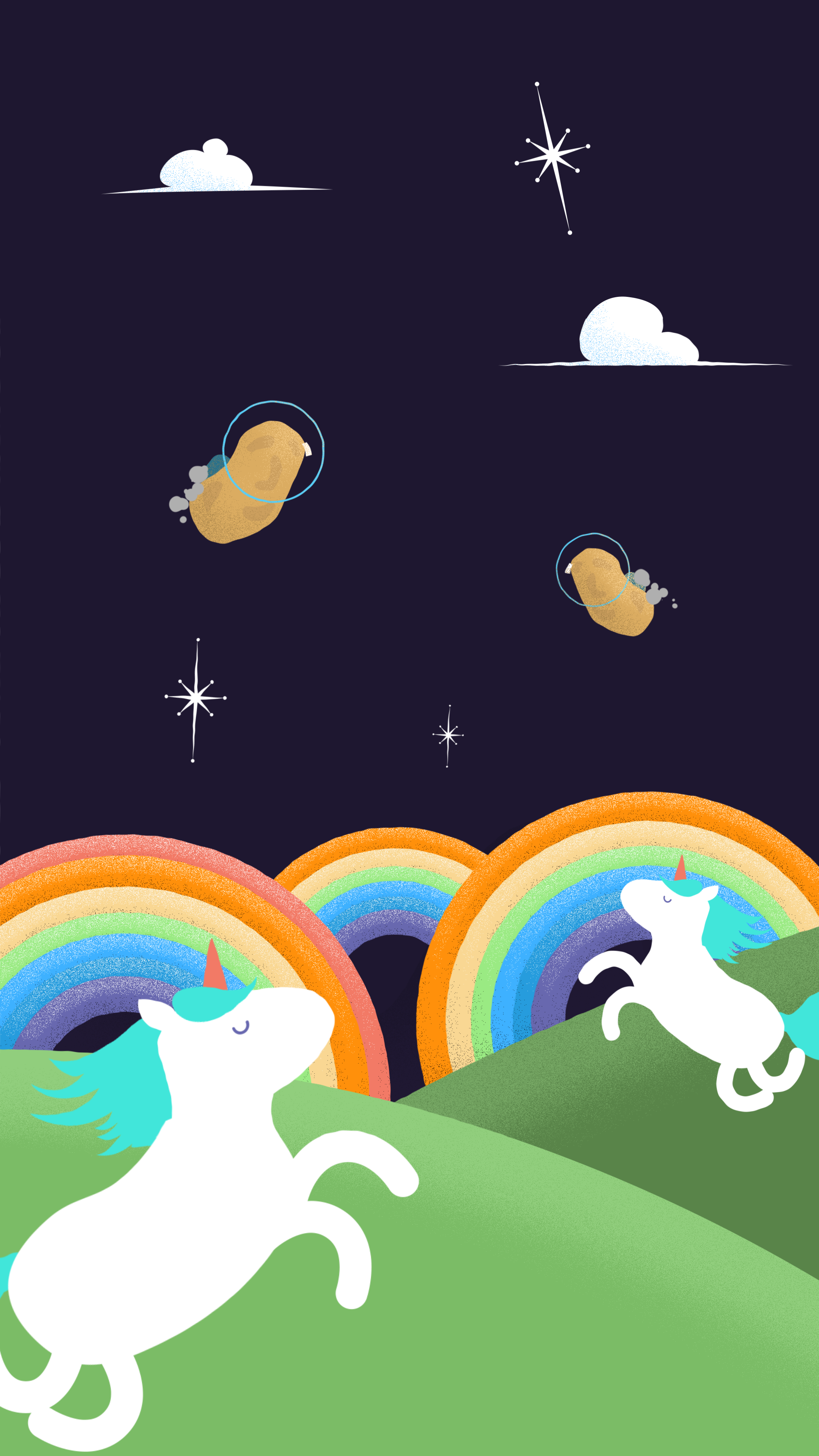 Vertical image showing a cartoon landscape with unicorns and rainbows with space potatoes flying overhead.