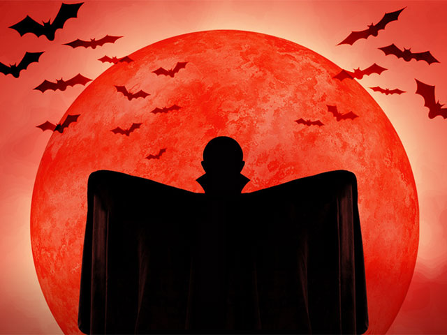 Illustration of bats and a caped vampire backlit by a red star.
