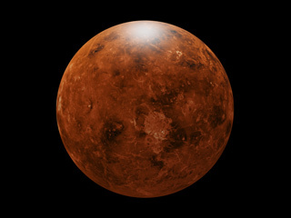 Image of Venus with detailed surface features, shown with a bright white region at its north pole.