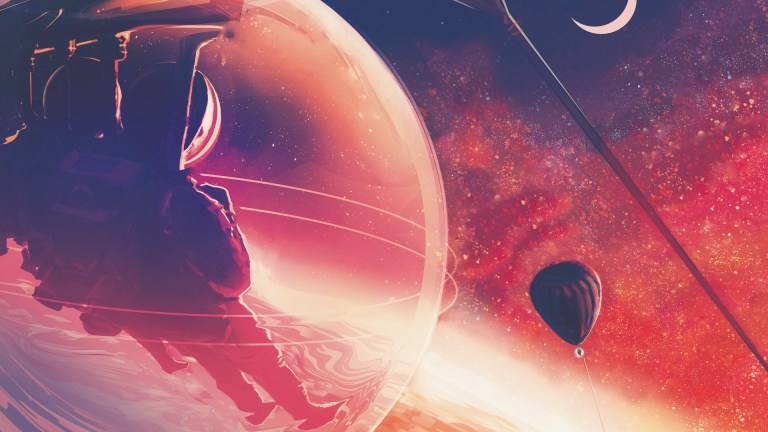 An illustration of two explorers in a clear, bubble-like spacecraft hovering above an orange, red, and yellow lava-covered exoplanet.