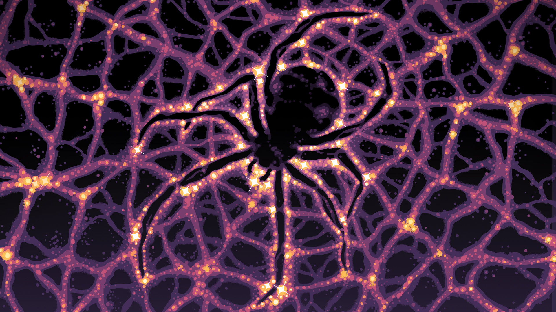 A scary illustration of a giant spider in a web of dark matter.