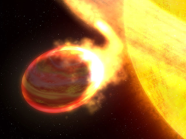 Illustration of a star interacting with a doomed planet that is being stretched into a egg shape by gravity.