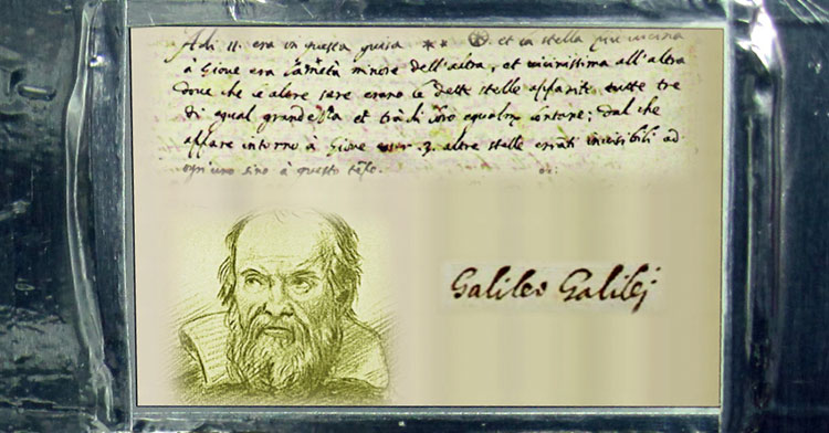 An off-white rectangle appears glued to a silvery metal background. At the top of the recangle are six lines of handwritten text in Italian; below them are a sketch of a balding, bearded man, and the signature of Galileo Galilei.