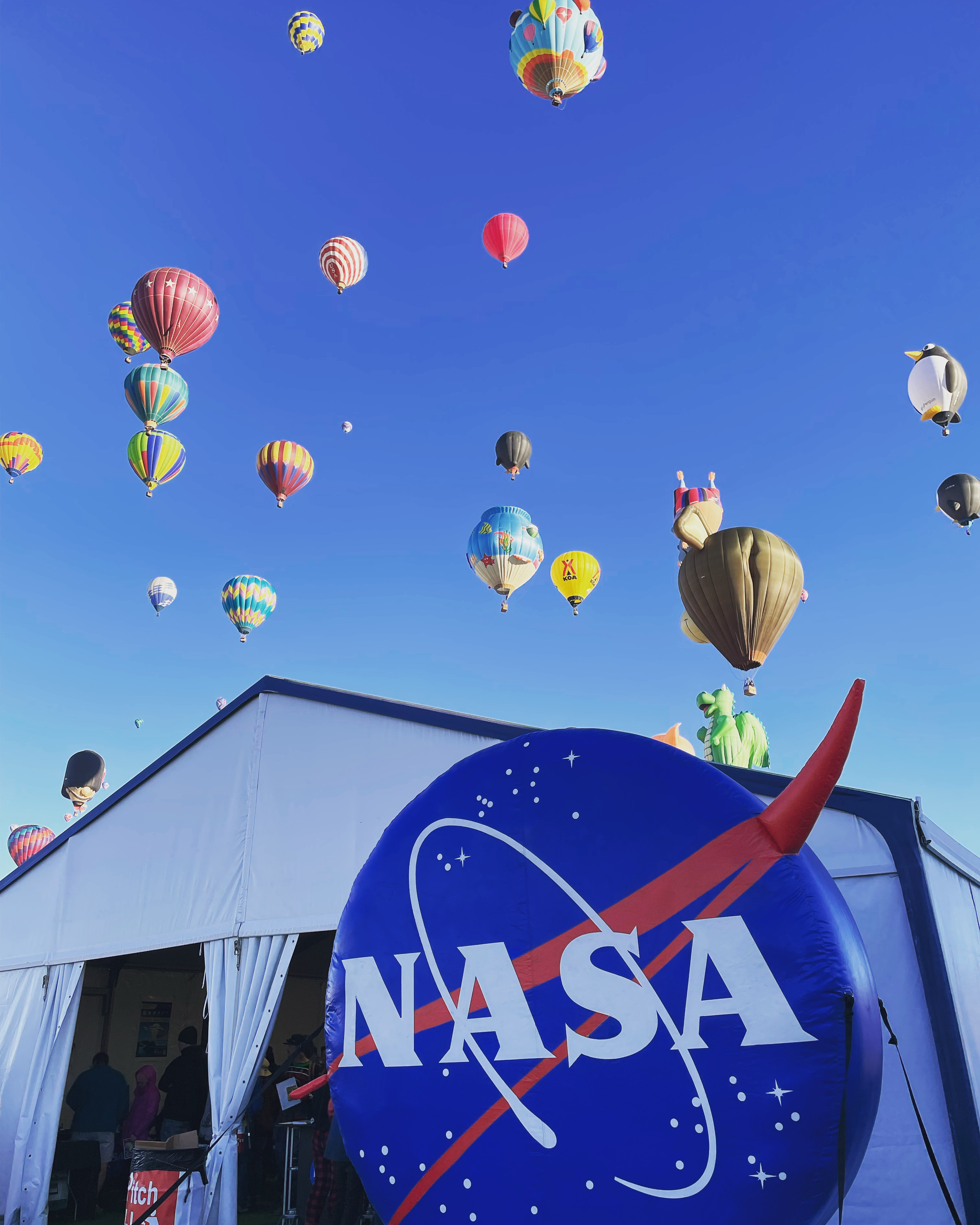 A three-dimensional NASA blue meatball logo stands on the ground outside a white fair tent the size of a big house. In the clear blue sky above float twenty-two hot air balloons of all colors.