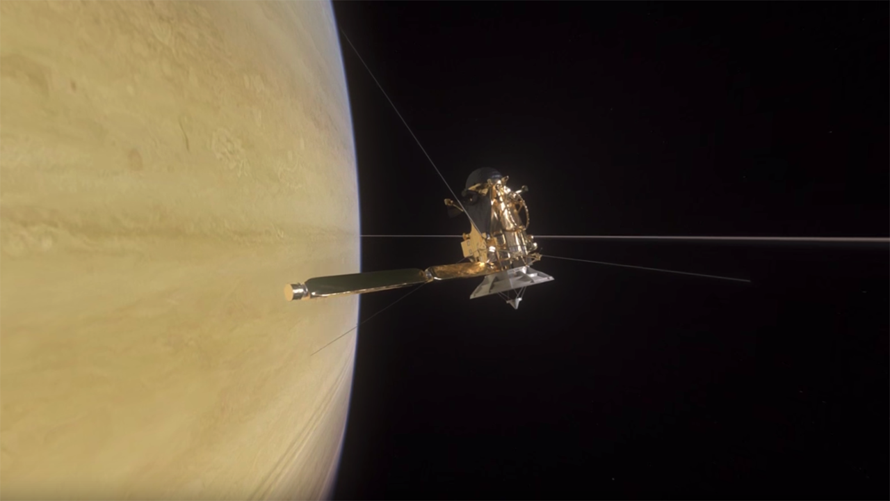 360 video animation of Cassini crossing between Saturn and its innermost ring.