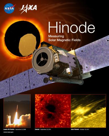 Hinode mission poster with satellite, sun and heliophysics imagery