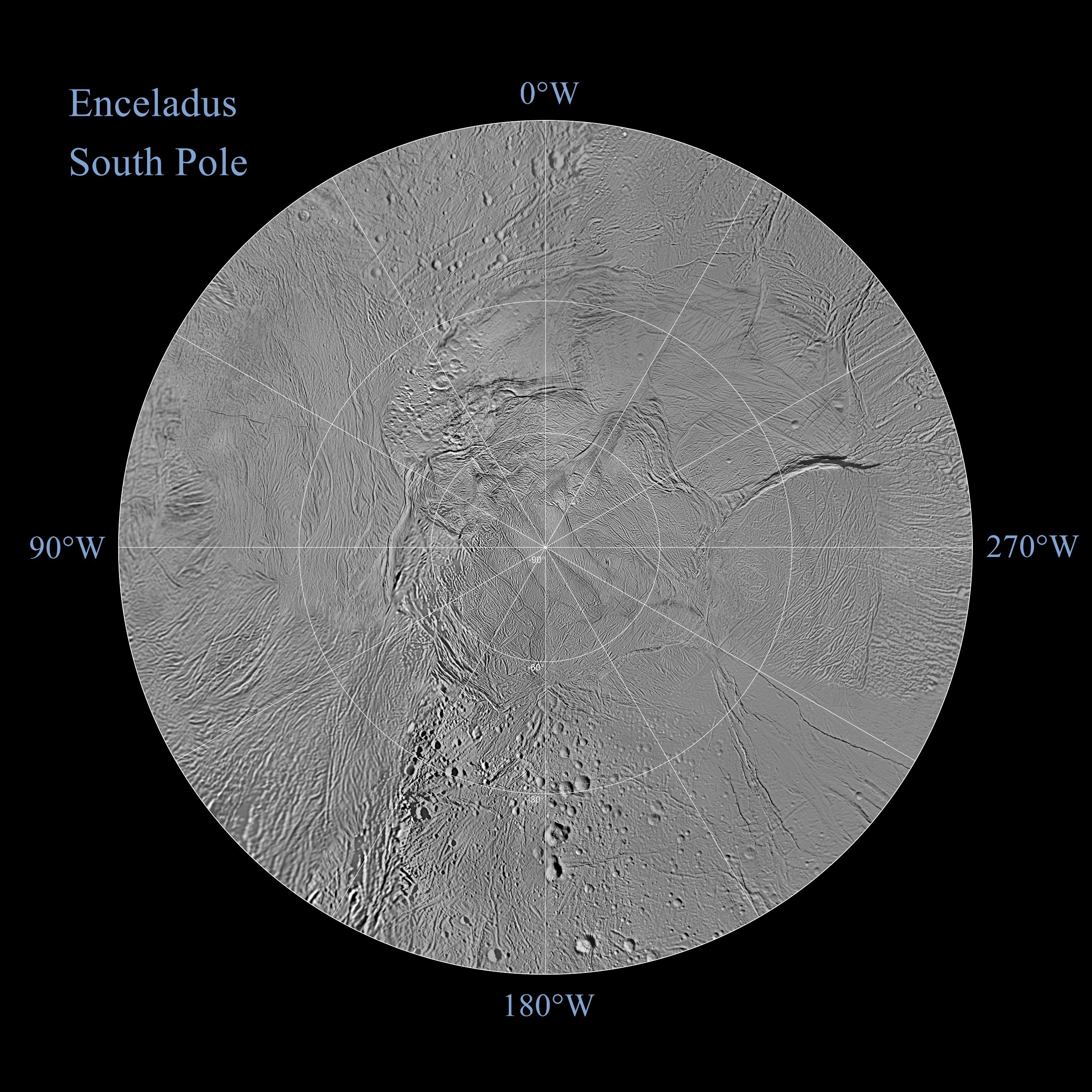 The northern and southern hemispheres of Enceladus are seen in these polar stereographic maps