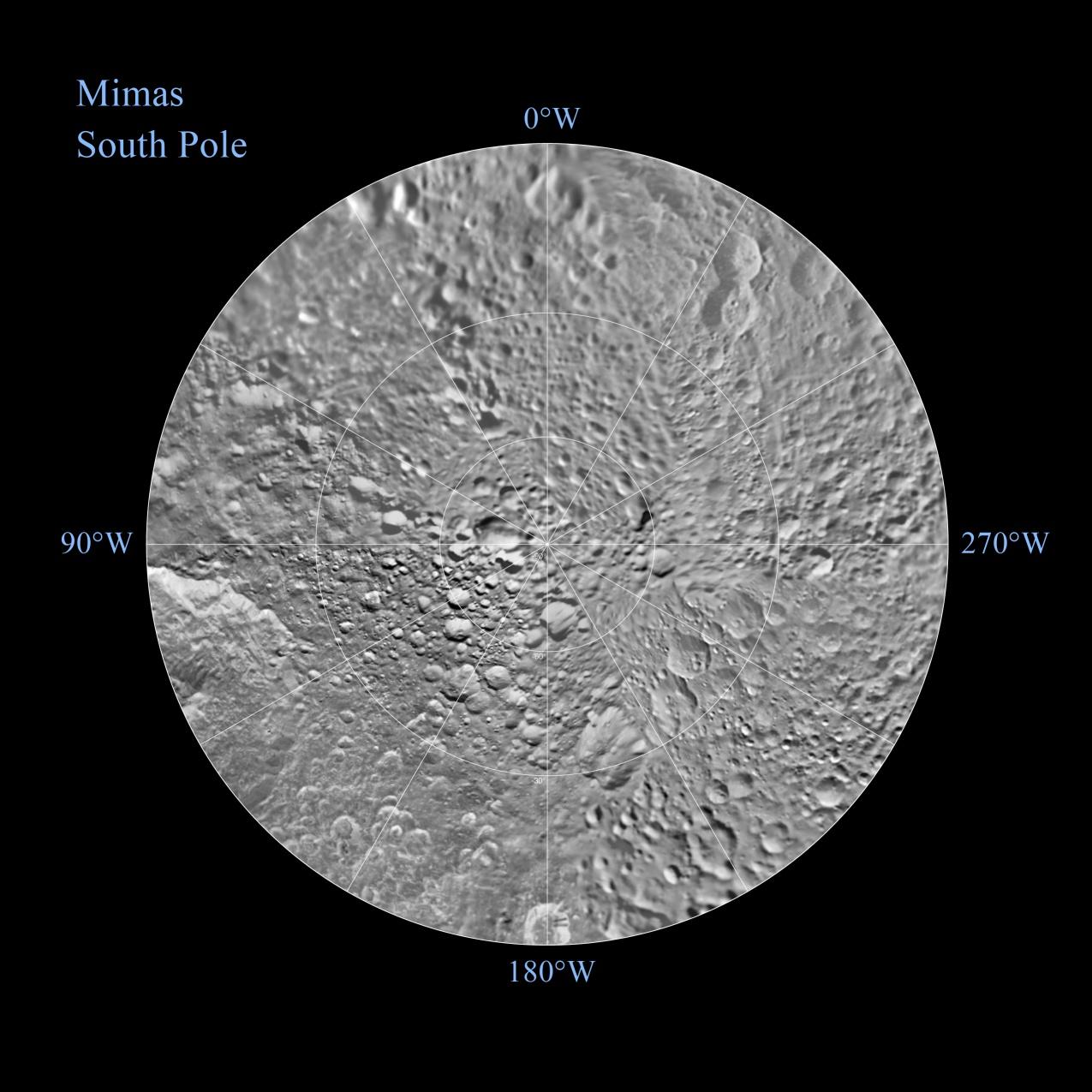 The southern hemisphere of Saturn's moon Mimas is seen in these polar stereographic maps, mosaicked from the best-available Cassini and Voyager images.
