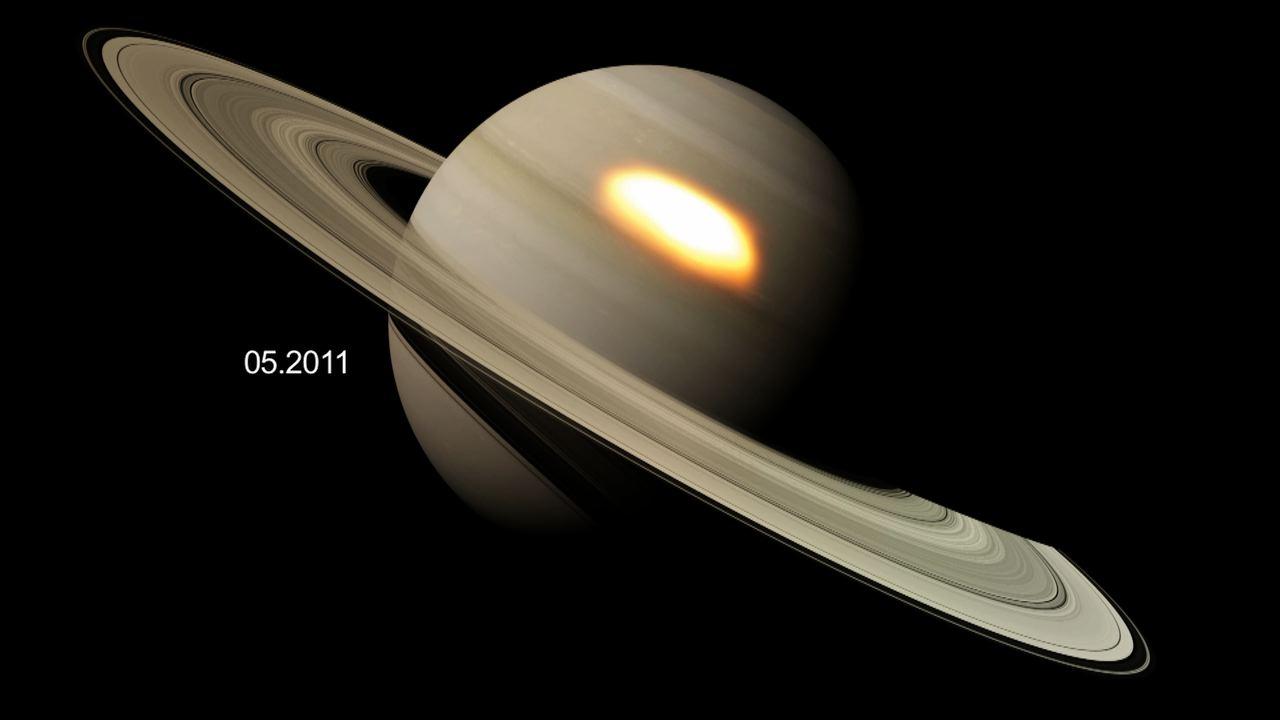 This animation shows "beacons" of hot air seen in the infrared that appeared during a great springtime storm on Saturn from January 2011 to March 2012.