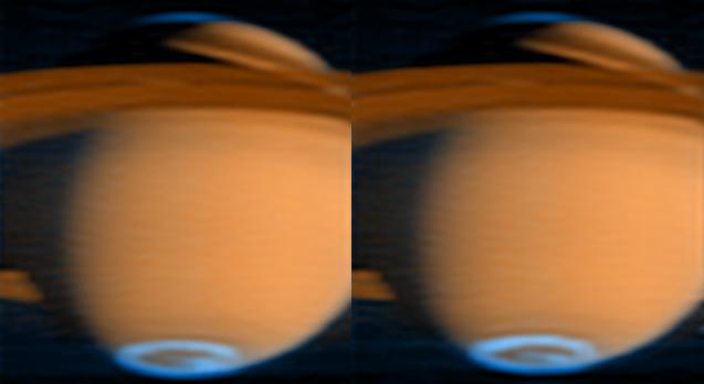 Side-by-side, false-color images of Saturn's auroral emissions.