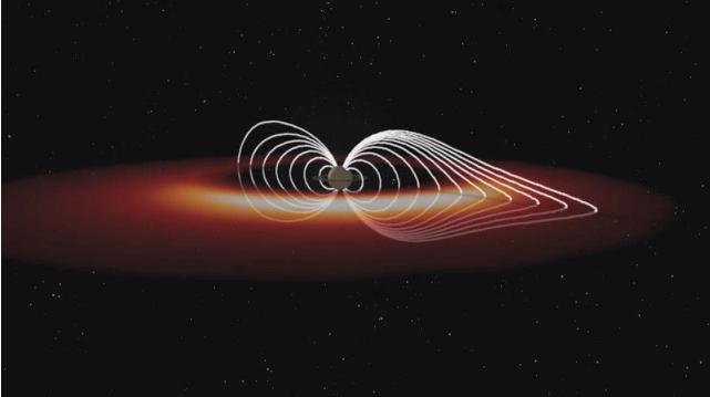 A frame from a animation based on data obtained by NASA's Cassini spacecraft shows how the 'explosions' of hot plasma on the night side (orange and white) periodically inflate Saturn’s magnetic field (white lines).