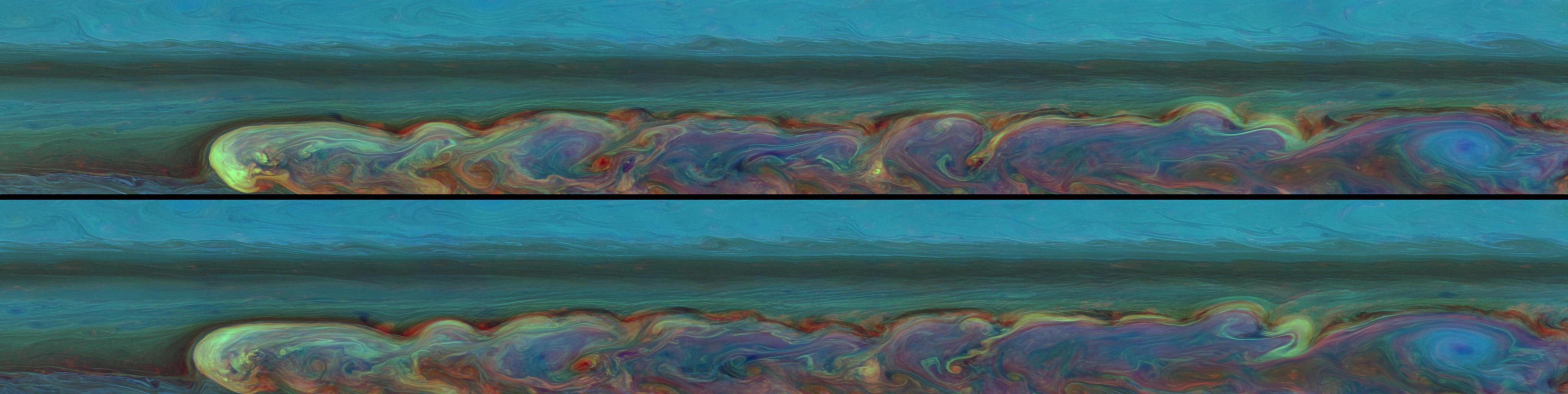 These false-color mosaics from NASA's Cassini spacecraft chronicle the changing appearance of the huge storm that developed from a small spot in Saturn's northern hemisphere.