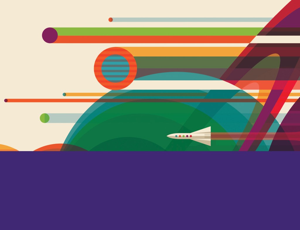 Illustrated poster of spacecraft