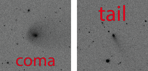 Left: A dark blob at the center of the image is surrounded by a paler shadow that is roughly spherical on the left of the blob and spreads out on the right, as if the blob was moving through something from right to left.    and Right image: a tight dark spot in the middle of the frame has a tail of grey material extending down to the bottom left. The tail is darkest near the dark spot, getting increasingly faint with distance.