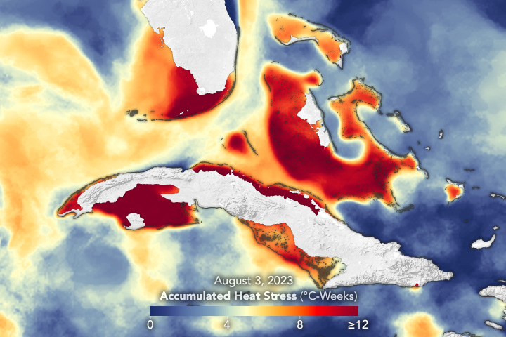 The seas around Florida, Cuba, and the Bahamas saw large accumulations of heat stress beginning in summer 2023, with implications for the health of coral reefs.