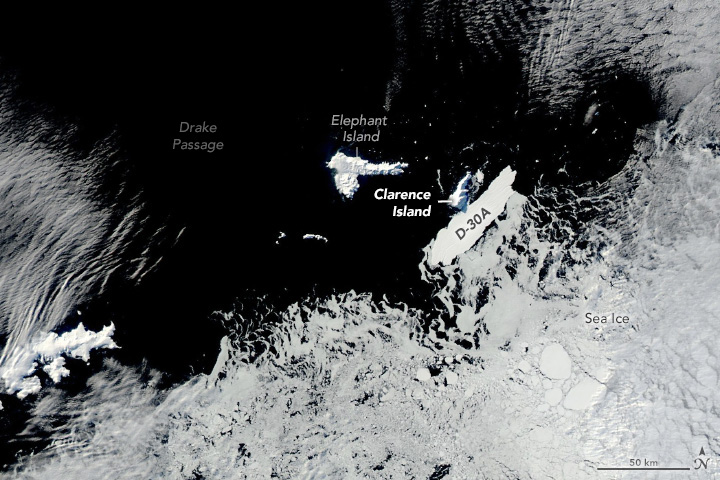 After passing the Antarctic Peninsula, Iceberg D-30A grazed the much smaller Clarence Island, spun around, and drifted north.