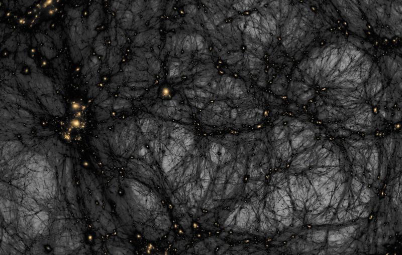 Simulation of dark matter structure formation showing a cosmic web of filaments and nodes spanning billions of light-years