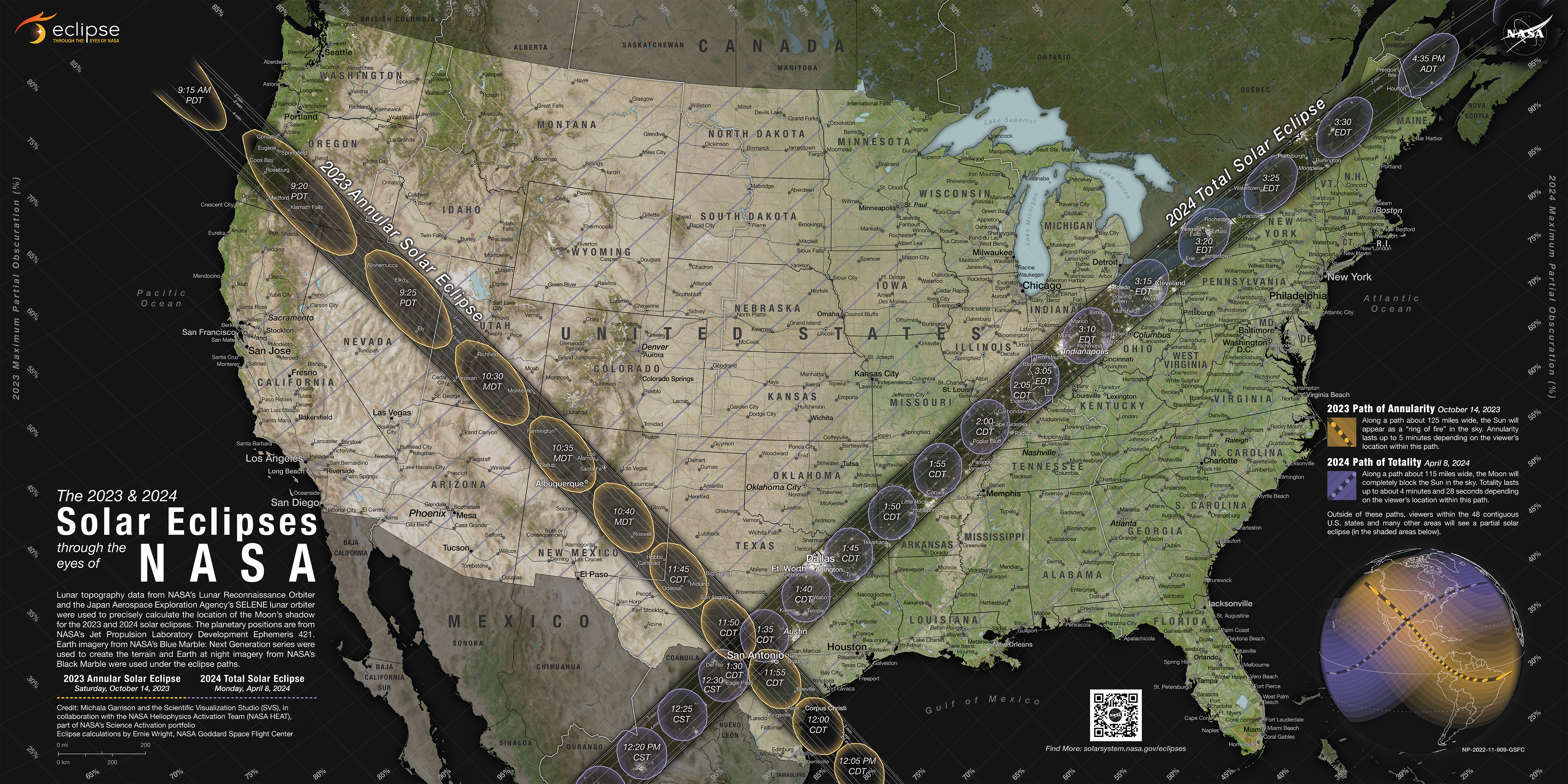 A map of the U.S. has two gray stripes showing where the Moon’s shadow will cross the U.S. during the 2023 annular solar eclipse and 2024 total solar eclipse. The 2023 band extends from the northwest to Texas. The 2024 band extends from Mexico into Texas and toward the northeast into Maine and Canada.