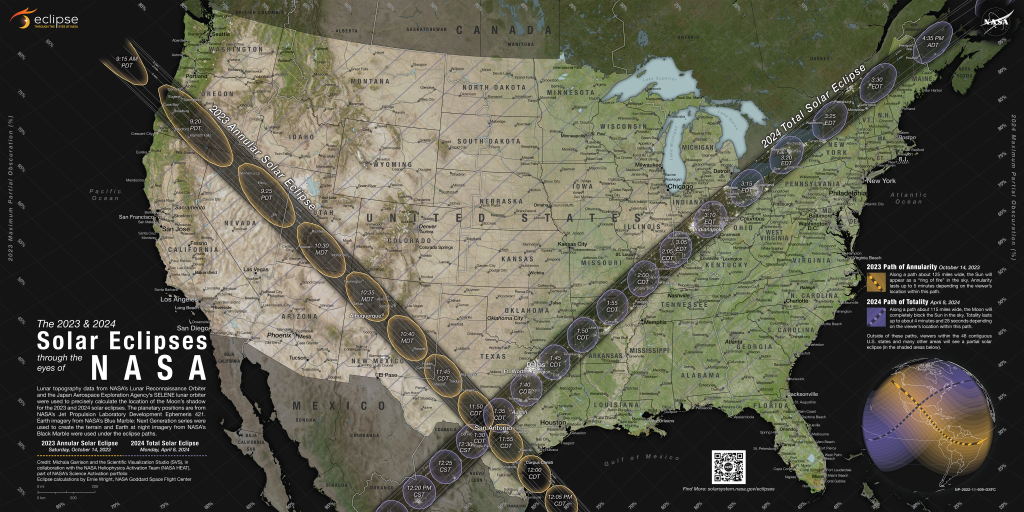 A map of the U.S. has two gray stripes showing where the Moon’s shadow will cross the U.S. during the 2023 annular solar eclipse and 2024 total solar eclipse. The 2023 band extends from the northwest to Texas. The 2024 band extends from Mexico into Texas and toward the northeast into Maine and Canada.