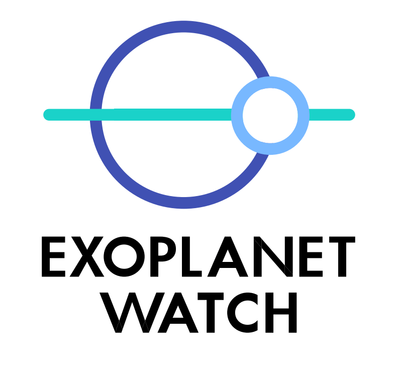 Exoplanet Watch logo On a white field, a simple graphic sits above the words "Exoplanet Watch." The graphic consists of a large purple circle with a green horizontal strip extending across its middle and well outside the circle. Sitting at the intersection of the purple circle and the green line on the right side is another circle, this one in pale blue.  The purple circle represents a star, the pale blue circle an orbiting exoplanet, and the green line the trace of the exoplanet's orbit.