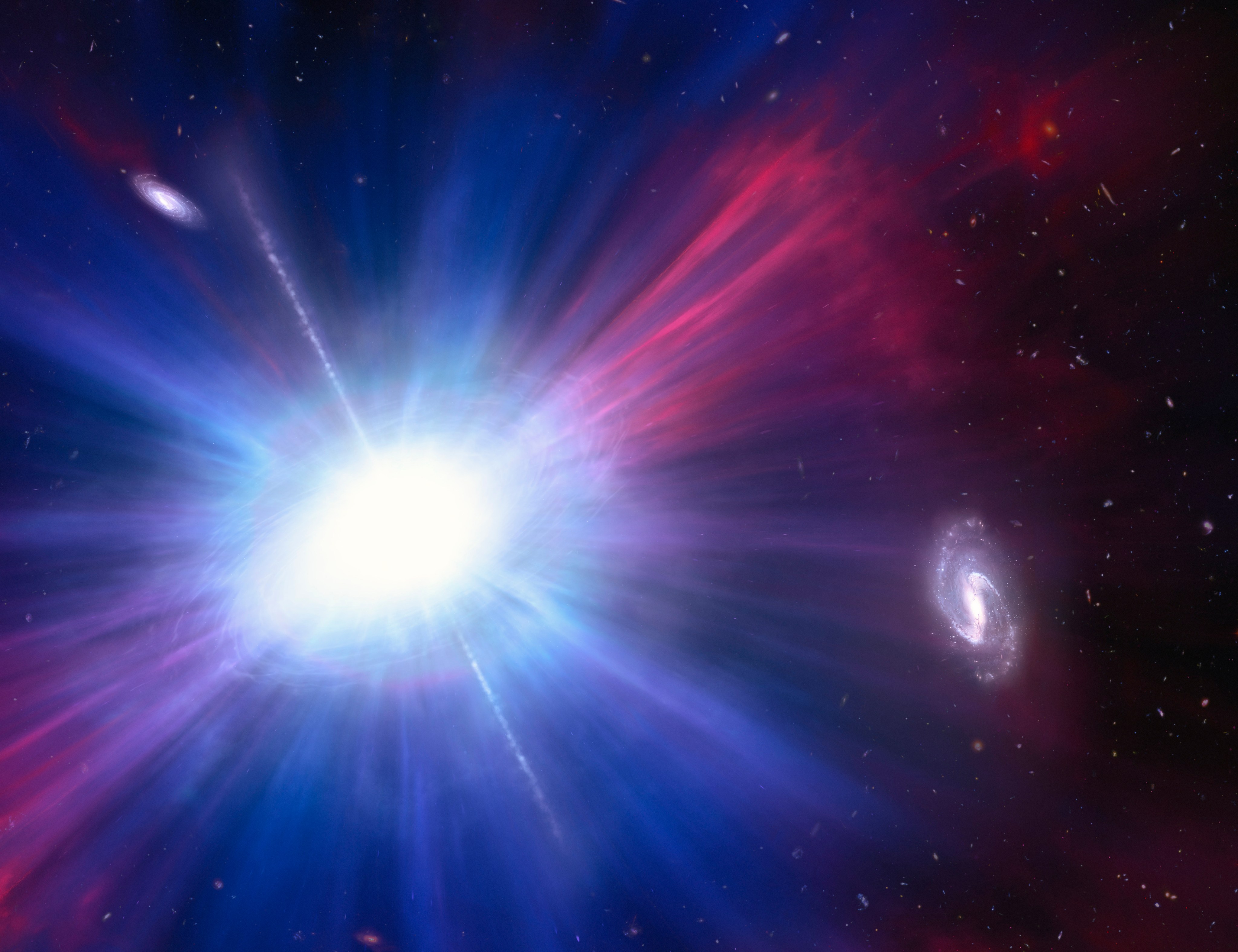 Illustration of one of brightest explosions ever seen in space. Called a Luminous Fast Blue Optical Transient (LFBOT), it shines intensely in blue light. It appears as a bright white blob left of center where blue-white and red rays sprout out from it. Toward the right of the image there is a spiral galaxy. To the upper left is another whitish galaxy shaped like a cigar. The LFBOT doesn’t seem to be associated with either galaxy.