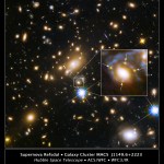 A field of galaxies in white and gold on a black background. An expanded view of the gravitationally lensed supernova is just left of center.