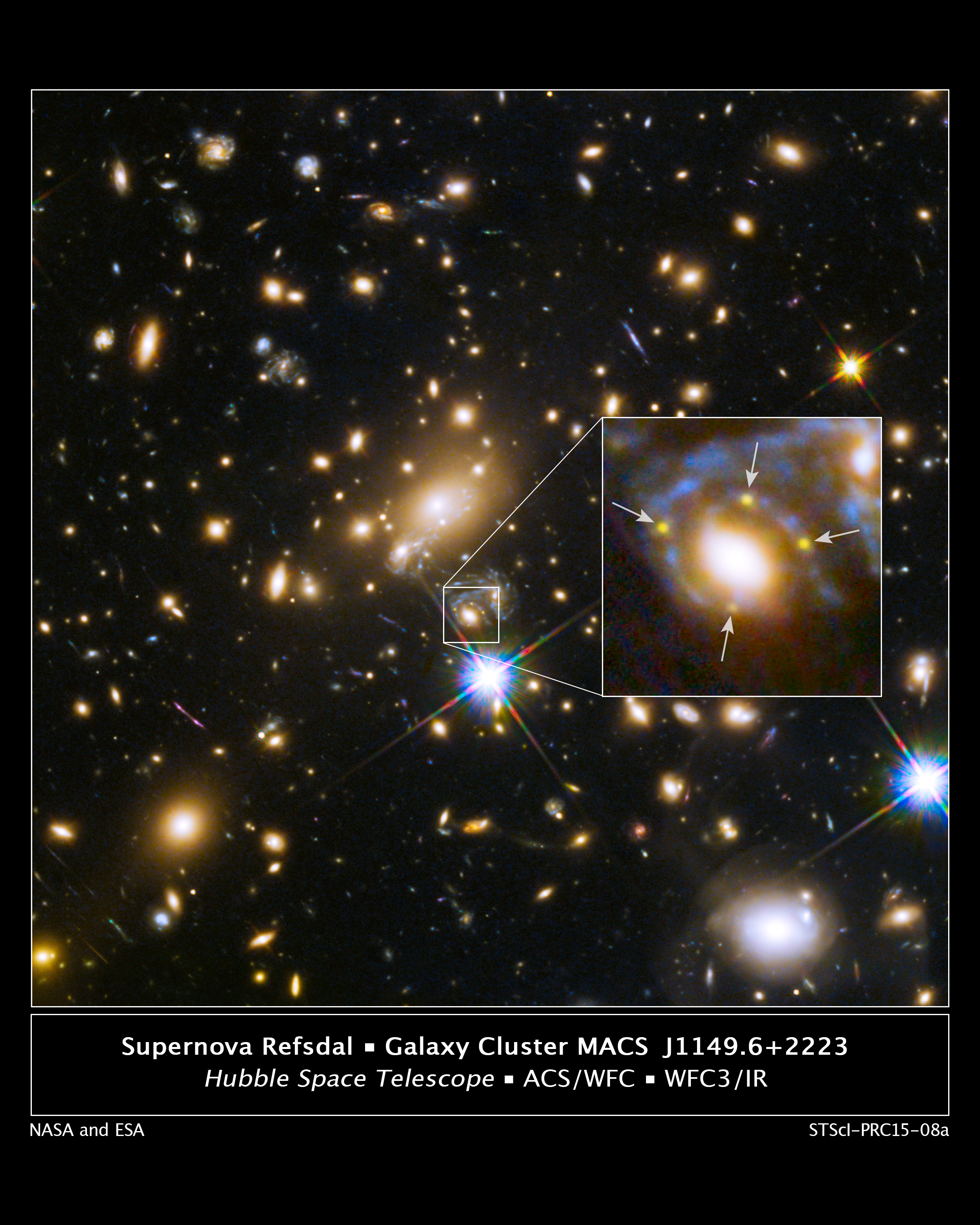 A field of galaxies in white and gold on a black background. An expanded view of the gravitationally lensed supernova is just left of center.