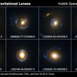 Eight images (two rows, four in each row) of amorphous elliptical galaxies ringed by blue-white light.