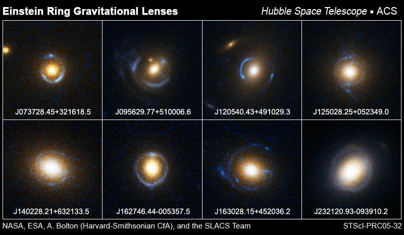 Eight images (two rows, four in each row) of amorphous elliptical galaxies ringed by blue-white light.