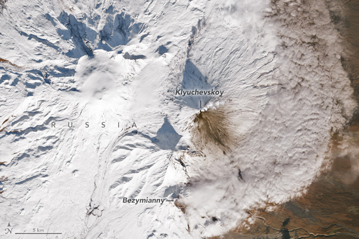 Eruptions on Russia’s active Kamchatka Peninsula made for a dramatic display of steam, snow, and shadows.