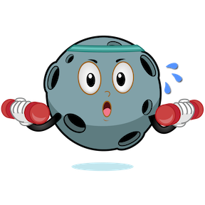 A cartoon asteroid is staring straight out of the frame, with beads of sweat springing off its forehead and a weight in each arm. With eyes wide and mouth open it looks surprised to see you.