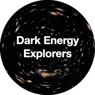 The words Dark Energy Explorers appear in white text on a circular background image of deep space full of pale yellow, blue, and orange galaxies - bright clusters of tiny dots of light. The galaxies appear smeared or elongated by gravitational lensing. In other words, they appear stretched around the outside curve of this image.