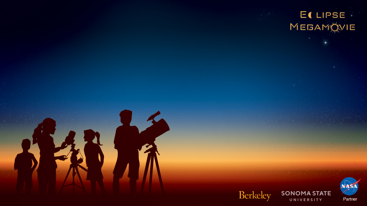 A silhouette image of 3 people with telescopes and the text reading Eclipse Megamovie.