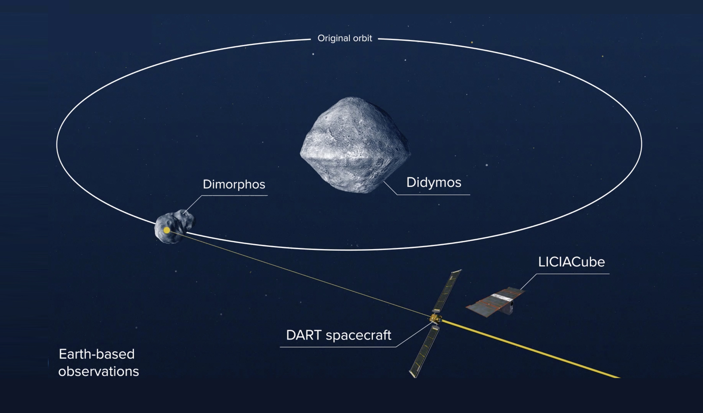 illustration of DART orbit with asteroids
