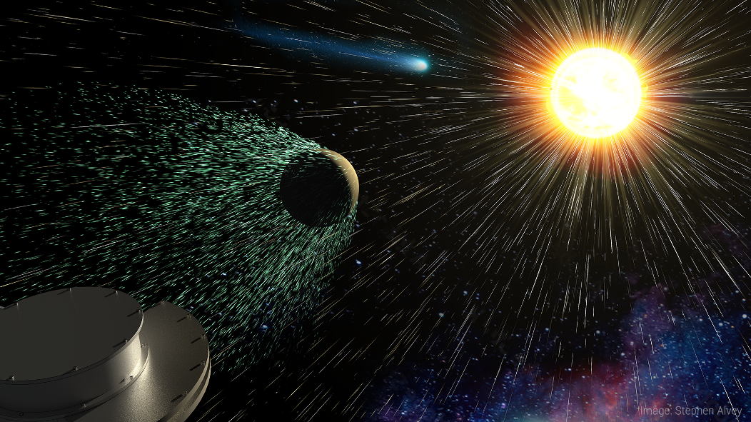 An artist’s depiction of dark starry background with the Sun in the upper right corner, the Earth in the center, and a circular spacecraft in the bottom left corner. Gold lines stream away from the Sun on all directions, colliding with Earth.