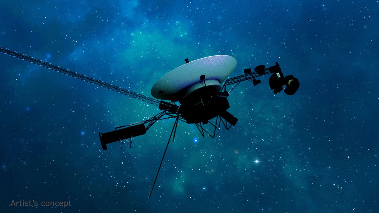 The Voyager spacecraft against a sparkly blue background
