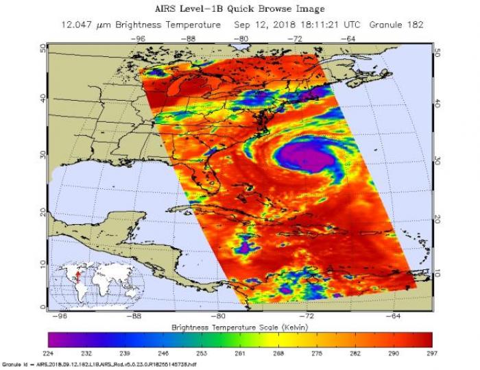 This image, taken at 1:35pm EDT on Tuesday, September 11, 2018, by the Atmospheric Infrared Sounder (AIRS) aboard NASA’s Aqua satellite, shows Hurricane Florence, which, at the time, had maximum sustained winds of 140 mph (225 kph).