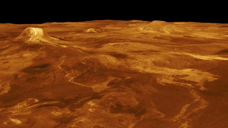 Illustration of volcanoes and orange and yellow scorched ground on Venus.