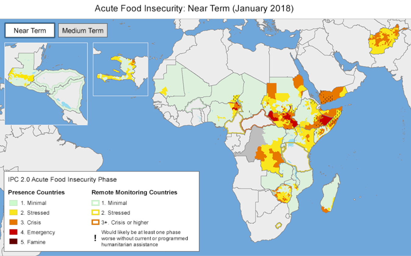 Acute food insecurity map from 2018, with most of the focus on Africa.