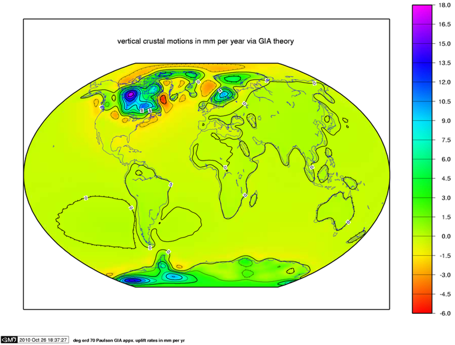 A model of present-day vertical land motion due to post-glacial rebound and the reloading of the ocean basins with seawater.